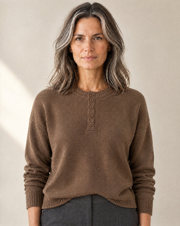 Four-Button Henley Jumper in Warm Brown