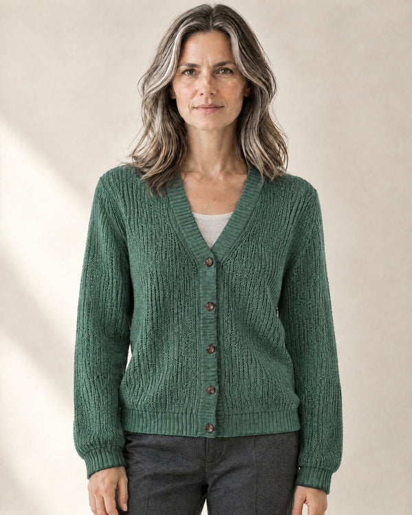 Pointelle V-Neck Cardigan in Green