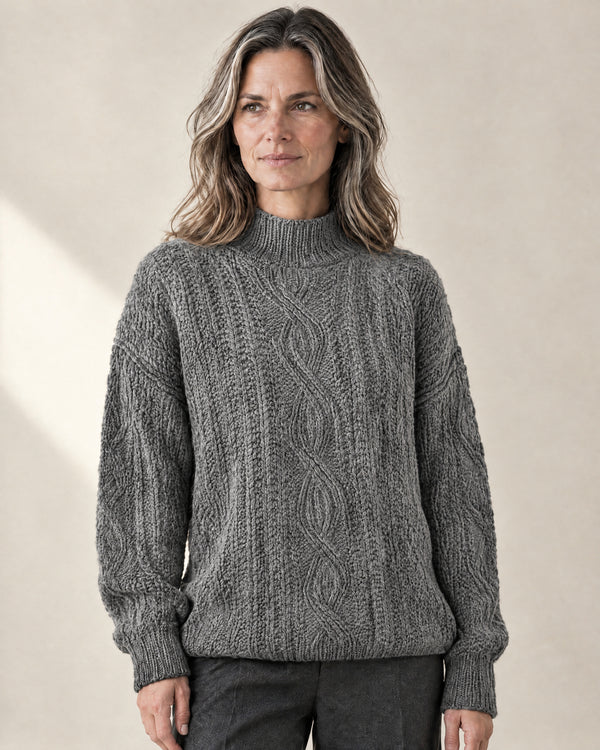 Chunky Cable Knit Mock Neck Jumper in Grey
