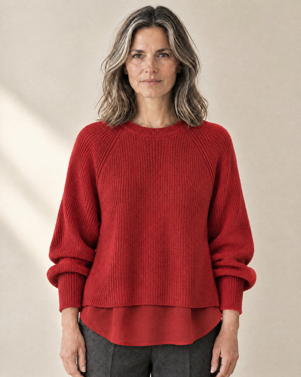 Layered Hem Ribbed Jumper in Red