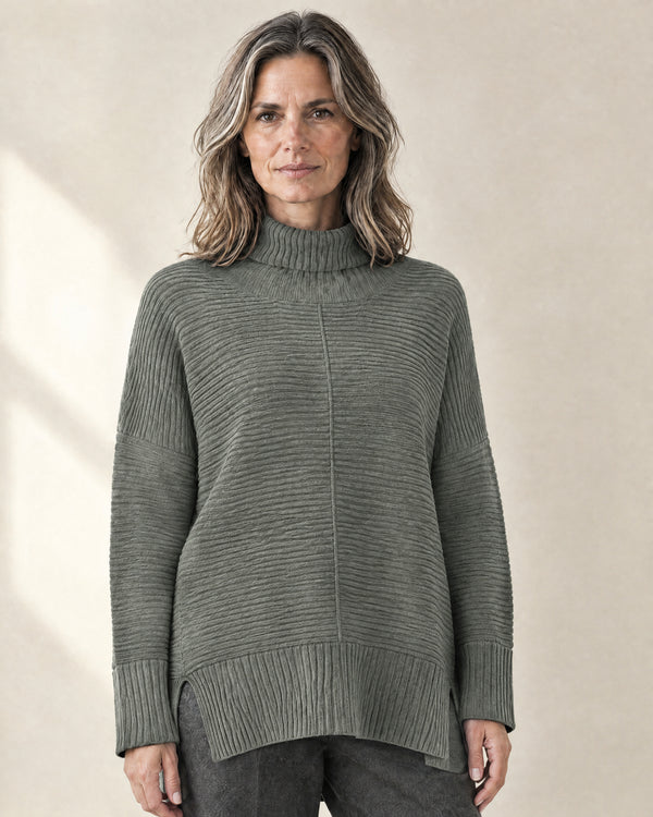 Ribbed Oversized Roll Neck Jumper in Green