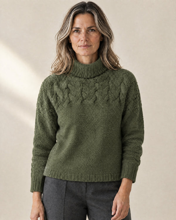 Cotton Cable Knit Roll Neck Jumper in Green