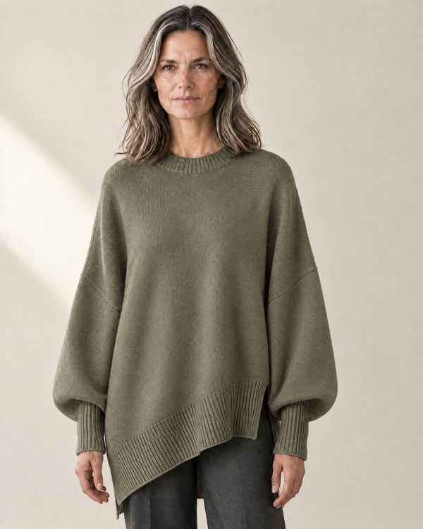 Oversized Longline Crew Jumper in Olive Green