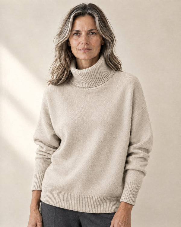 Slouchy Roll Neck Jumper in Beige