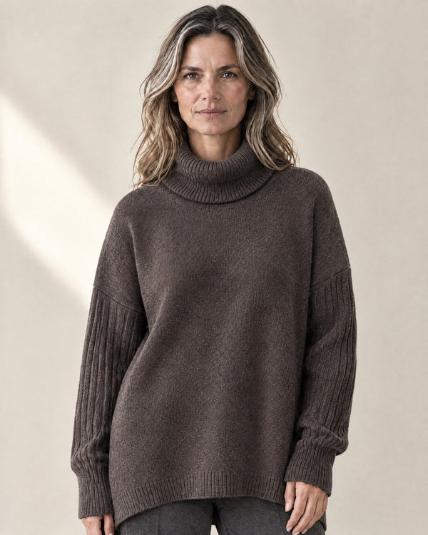 Oversized Longline Roll Neck Jumper in Espresso Brown