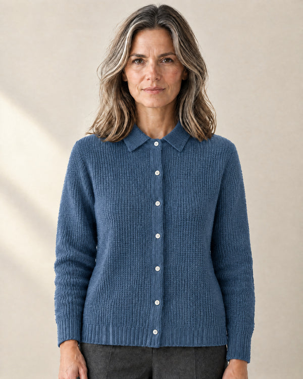 Textured Knit Button-Through Cardigan in Dark Blue