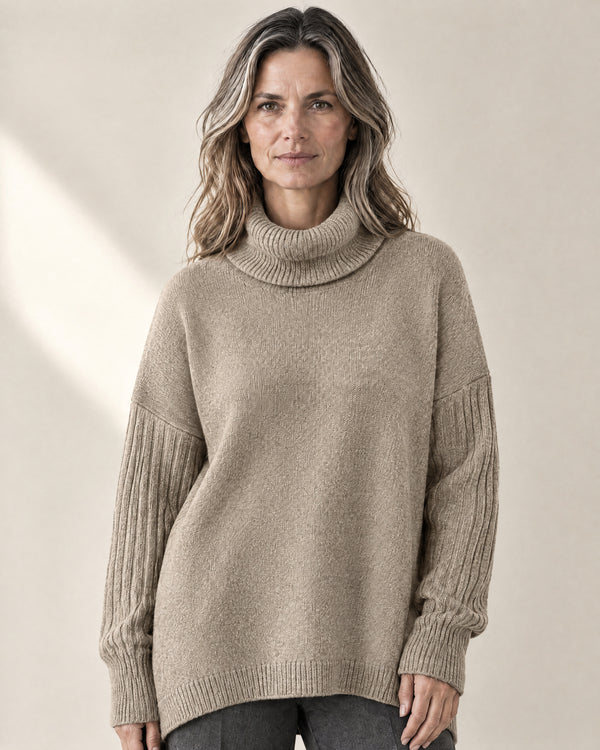 Oversized Longline Roll Neck Jumper in Desert Khaki