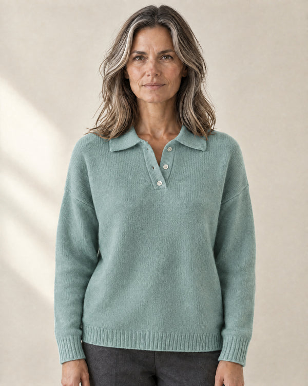 Brushed Knit Polo Jumper in Aqua Green