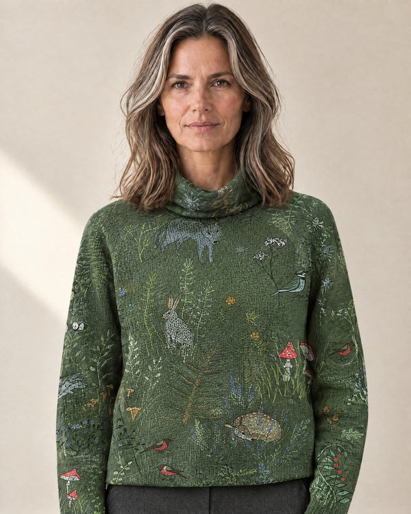 Cotton-Rich Roll Neck Jumper in Green