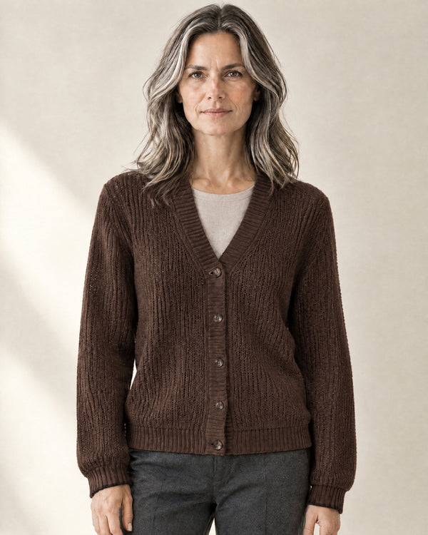 Pointelle V-Neck Cardigan in Brown