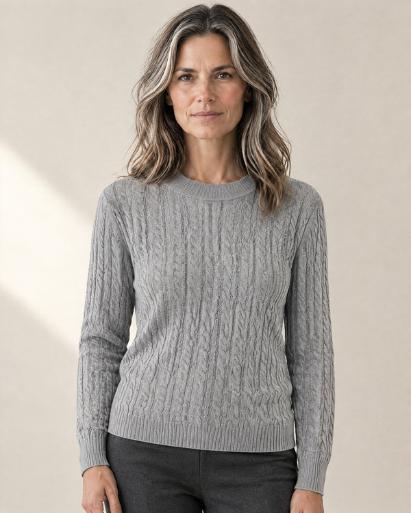Cable Knit Crew Neck Jumper in Grey