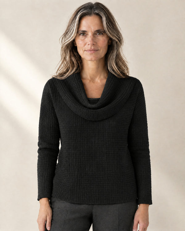 Waffle Knit Cowl Neck Jumper in Black