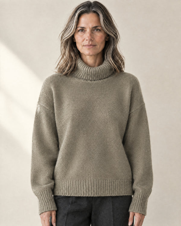 Drop Shoulder Roll Neck Jumper in Khaki