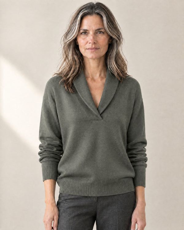 Shawl Collar V-Neck Jumper in Khaki