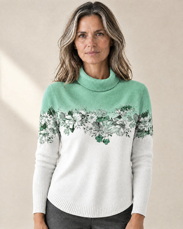 Floral Print Cotton Roll Neck Jumper in Mint