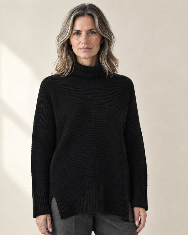 Ribbed Oversized Roll Neck Jumper in Black