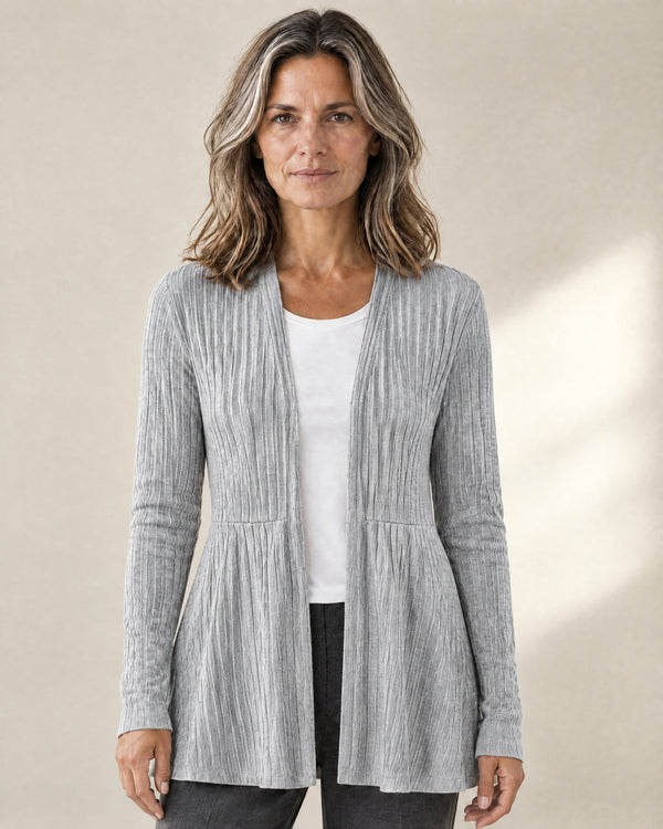 Ribbed Open-Front Longline Cardigan in Grey