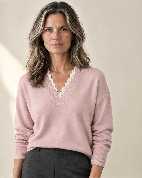 Lace-Trim V-Neck Jumper in Light Pink