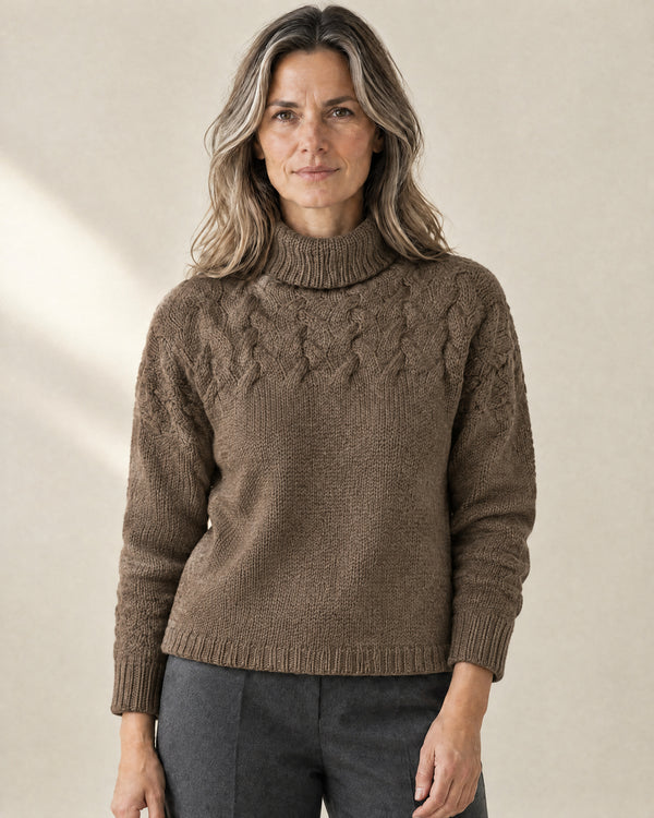 Cotton Cable Knit Roll Neck Jumper in Brown