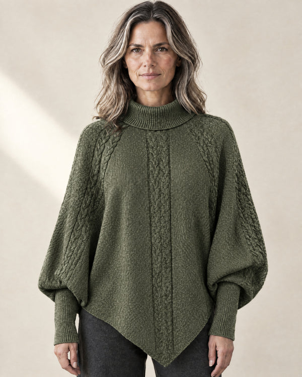 Cable Knit Batwing Poncho Jumper in Olive Green