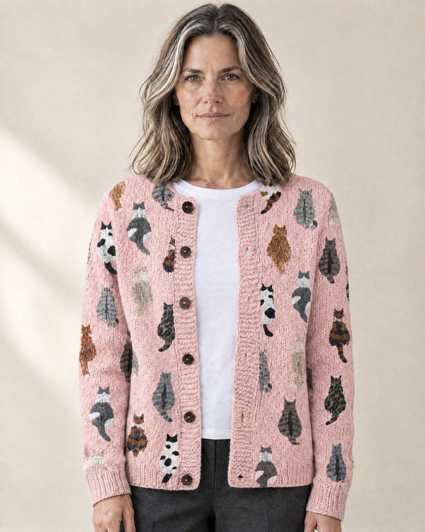 Cat Motif Button Cardigan in Pink