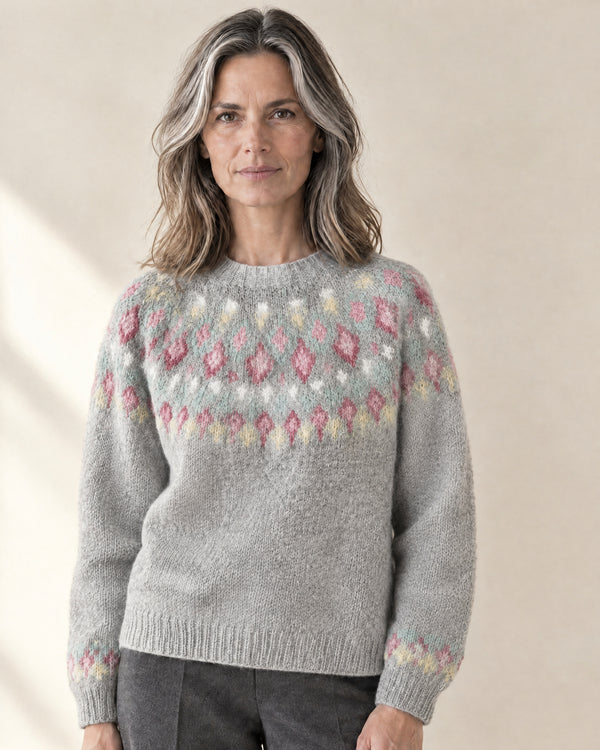 Brushed Fair Isle Yoke Jumper in Soft Grey Pastel