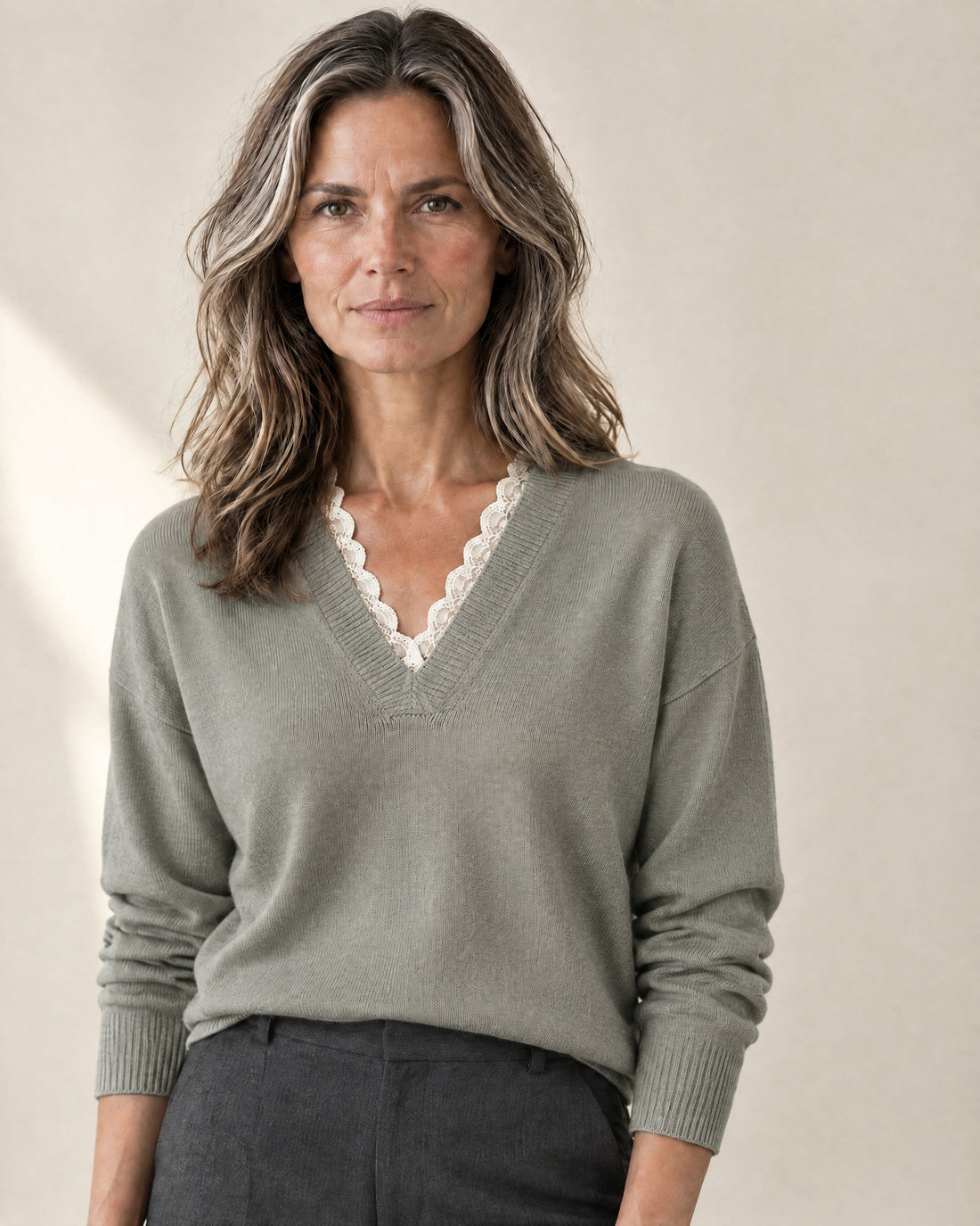 Lace-Trim V-Neck Jumper