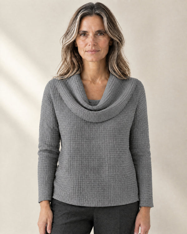 Waffle Knit Cowl Neck Jumper in Grey