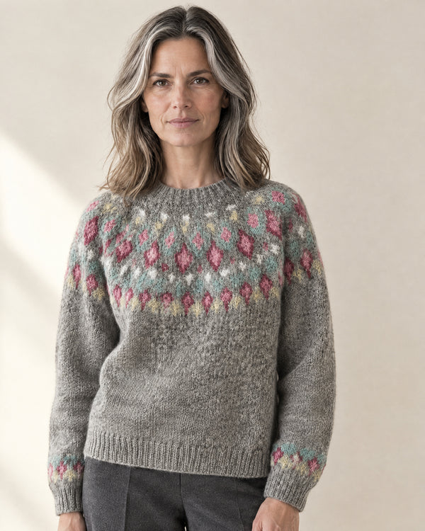 Brushed Fair Isle Yoke Jumper in Stone Grey Mix