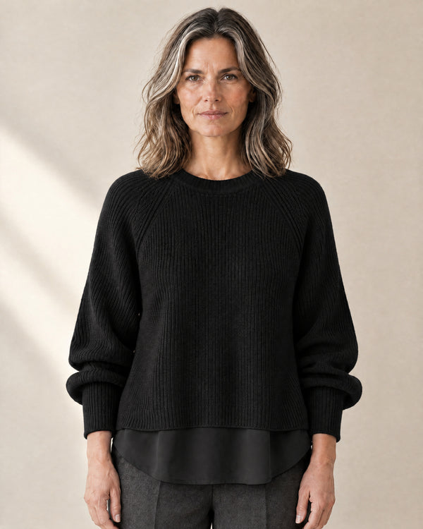 Layered Hem Ribbed Jumper in Black