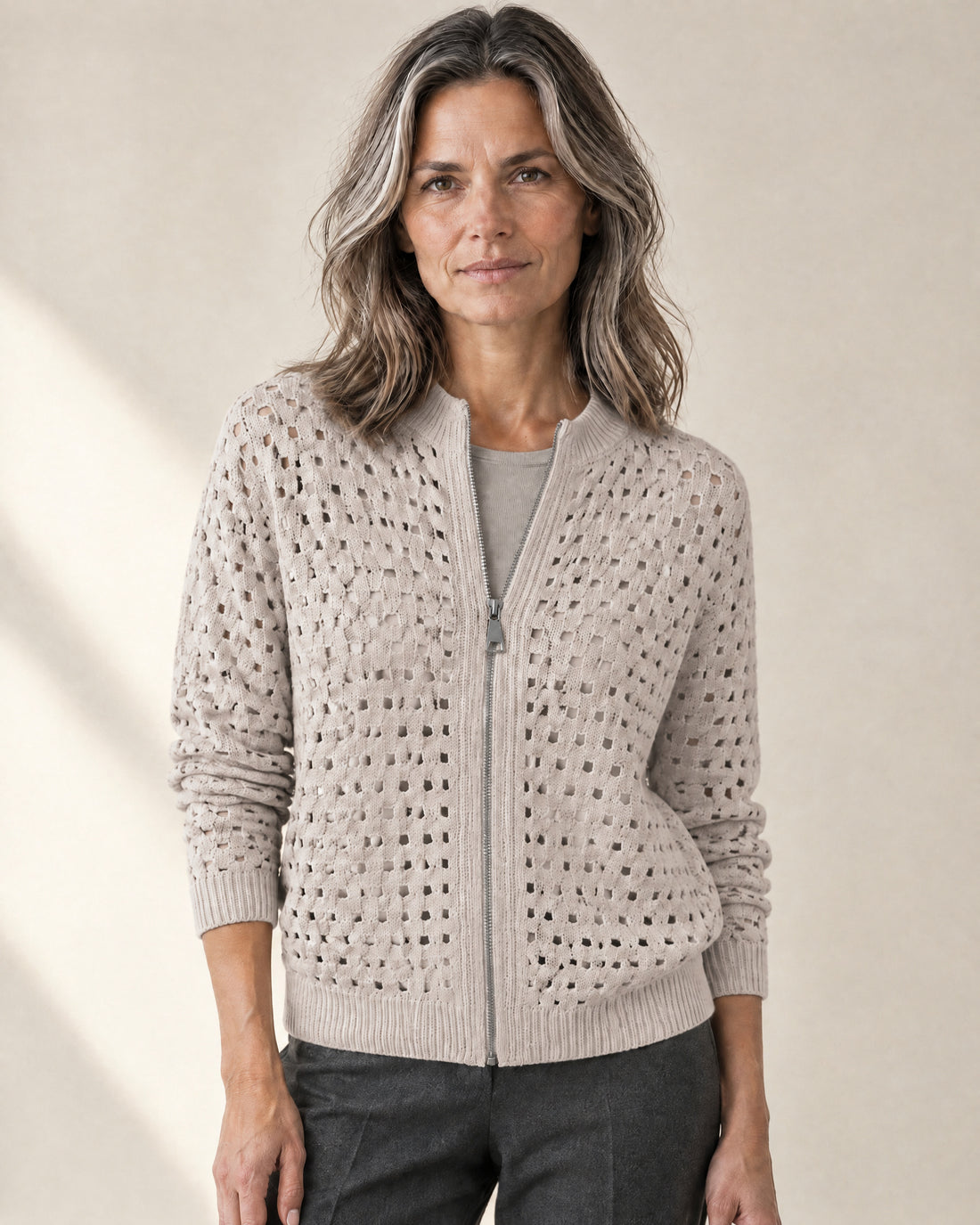 Openwork Zip-Through Cardigan