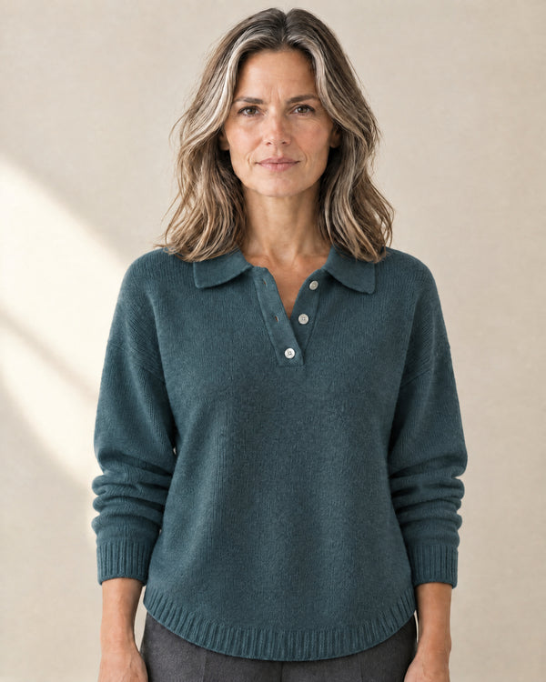 Curved-Hem Polo Collar Jumper in Teal Blue