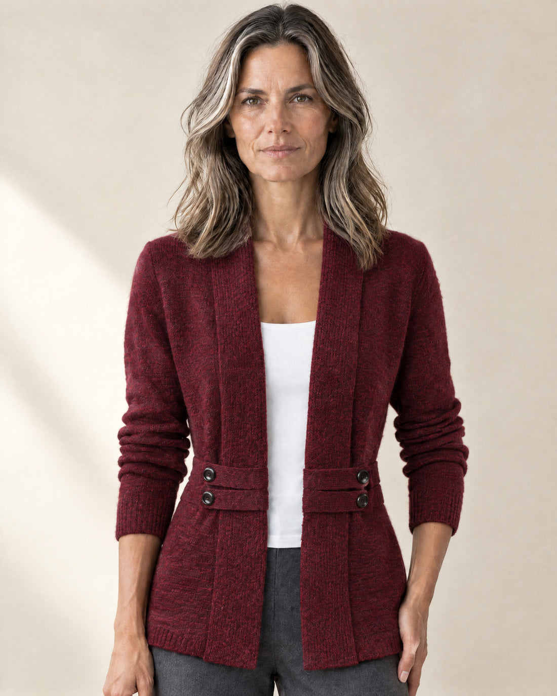 Button-Tab Open Front Cardigan