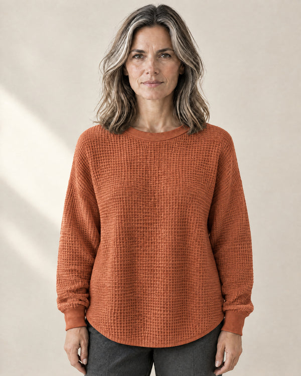 Waffle-Knit Crew Neck Jumper in Orange