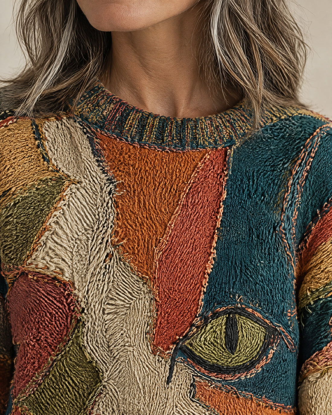 Textured Patchwork Cat Jumper