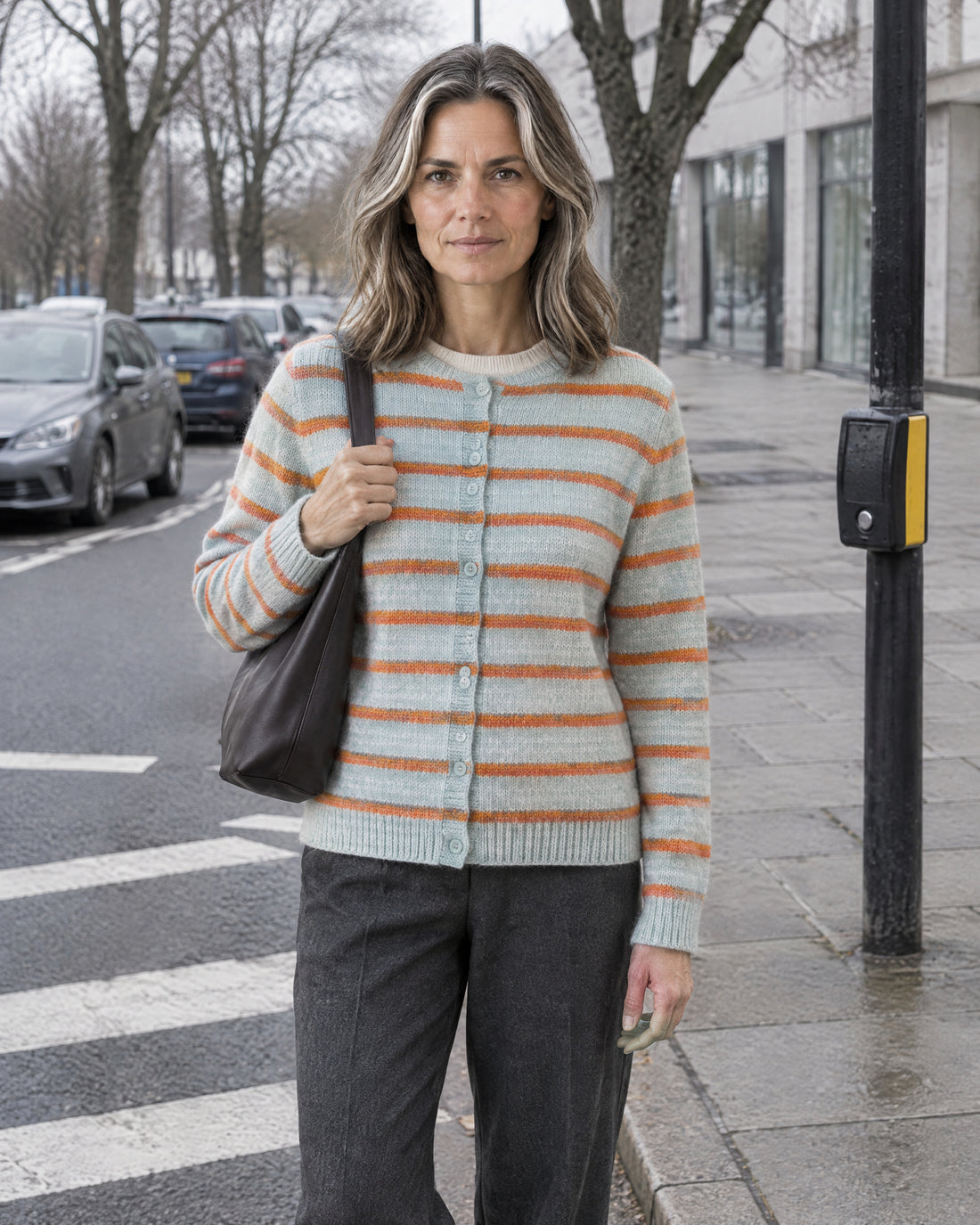 Contrast-Stripe Button Cardigan