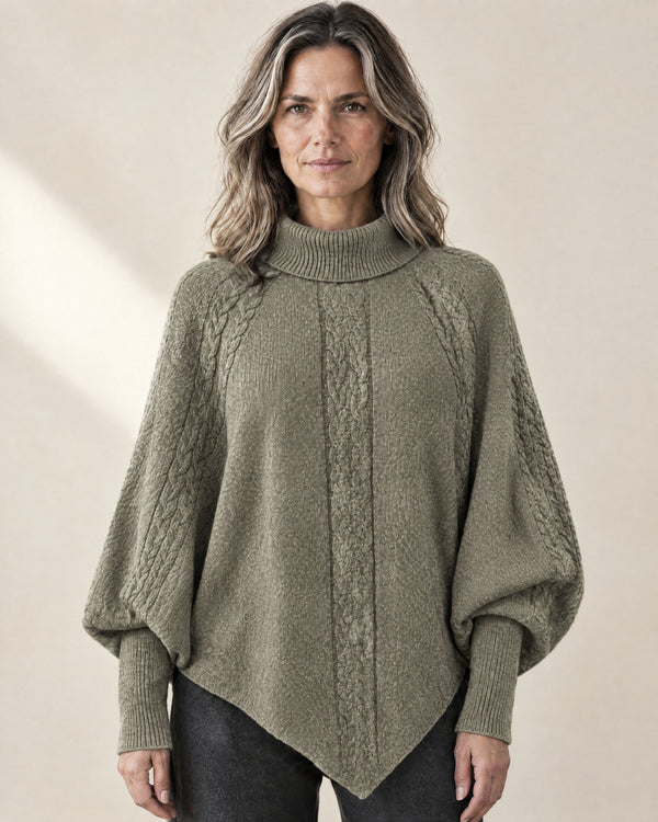 Cable Knit Batwing Poncho Jumper in Khaki