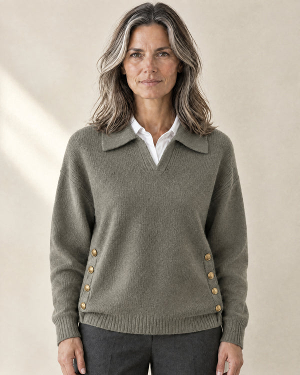 Polo Collar Button-Detail Jumper in Khaki