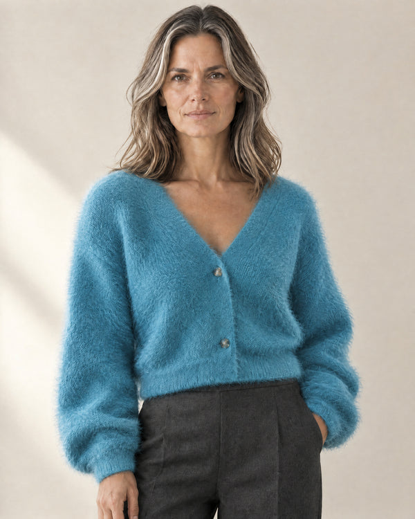 Brushed V-Neck Button Cardigan in Water Lake Blue