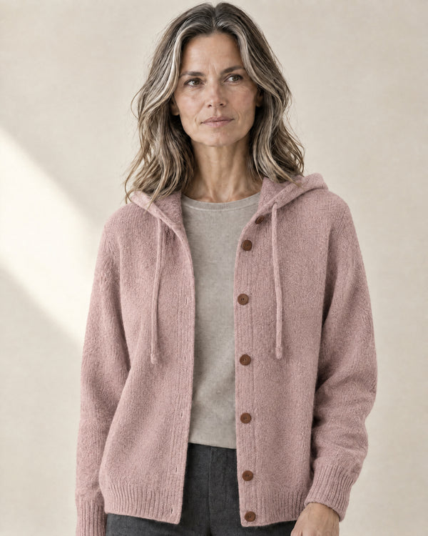 Hooded Button-Through Cardigan in Pink