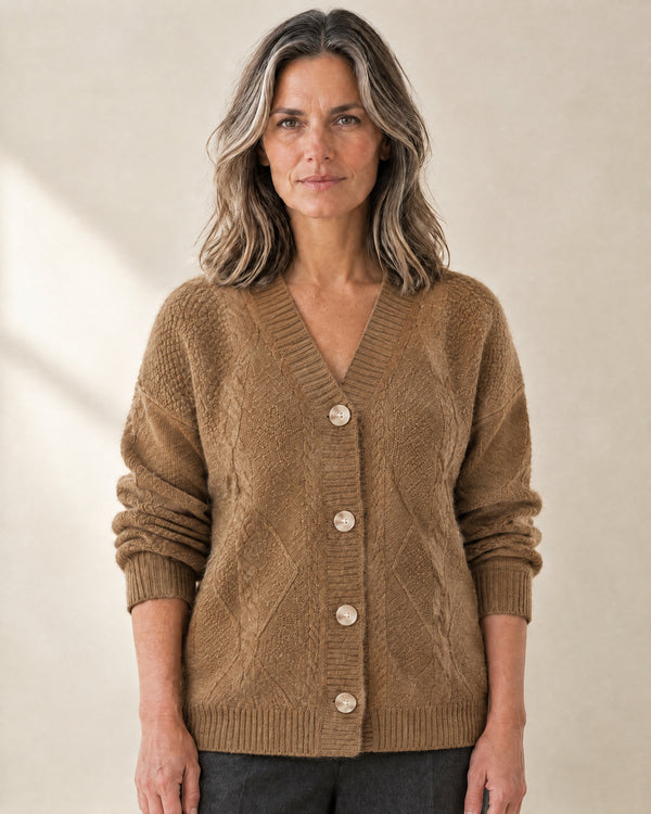 Cable Panel Wool-Blend Cardigan in Camel