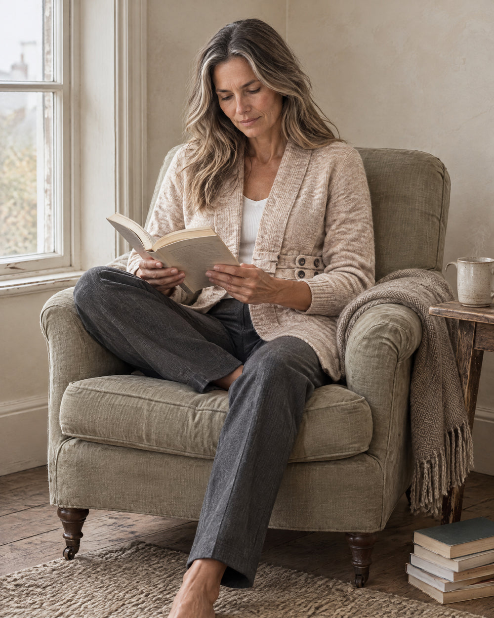 Button-Tab Open Front Cardigan, worn at home