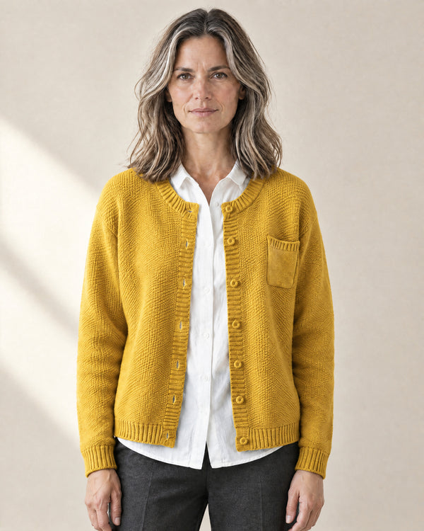 Crew Neck Button-Through Cardigan in Yellow