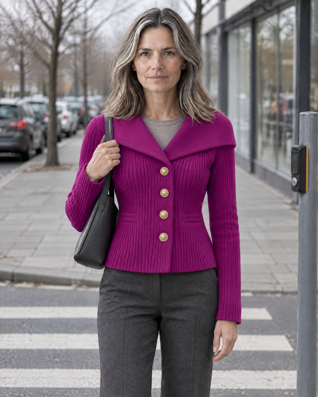 Wide-Collar Fitted Cardigan