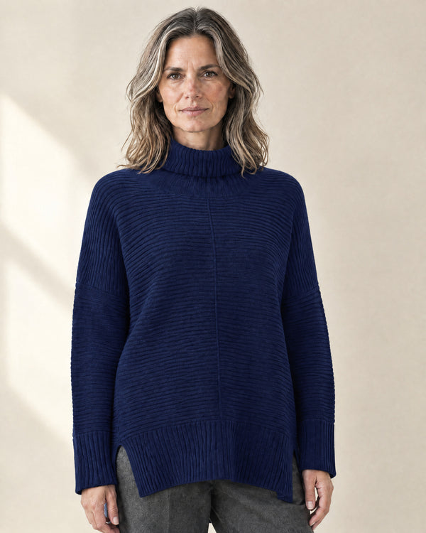 Ribbed Oversized Roll Neck Jumper in Indigo
