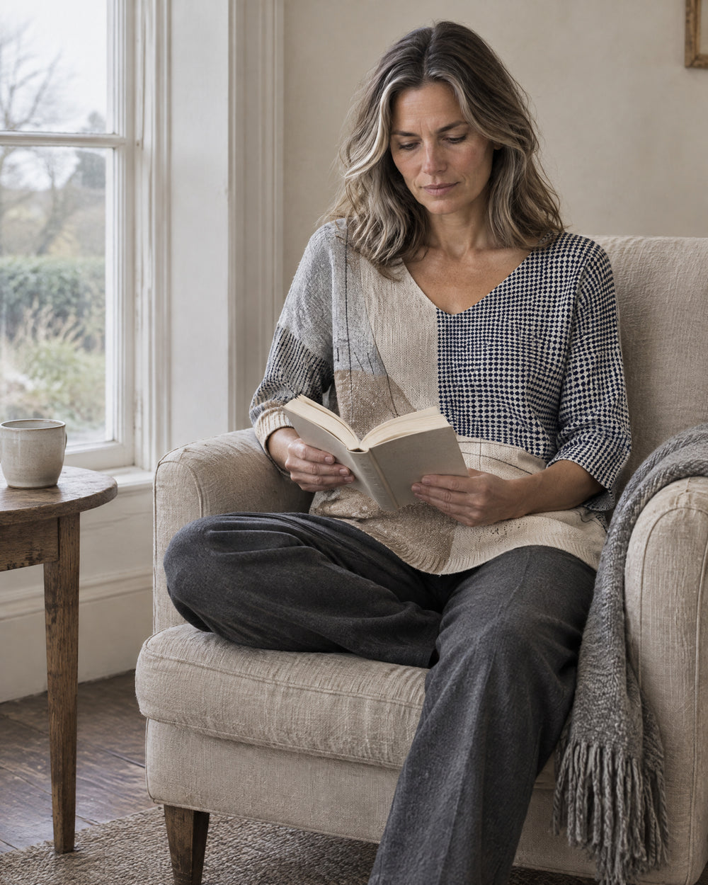 Colour-Block V-Neck Knitted Top, worn at home