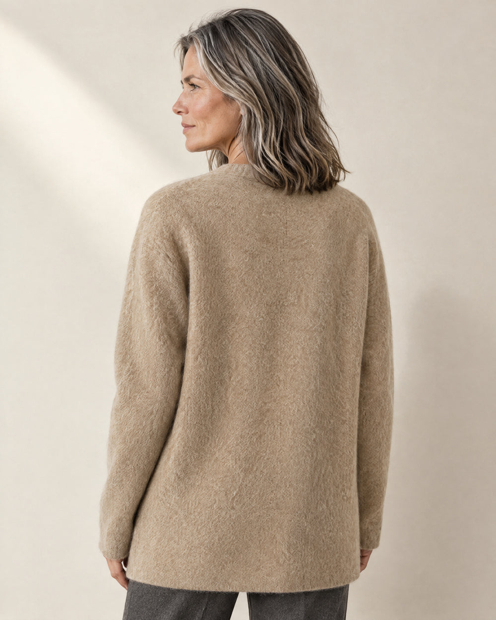 Brushed Longline Cardigan, back view, worn