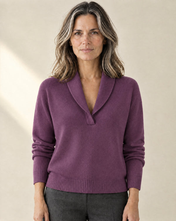 Ribbed Shawl Collar Jumper in Purple