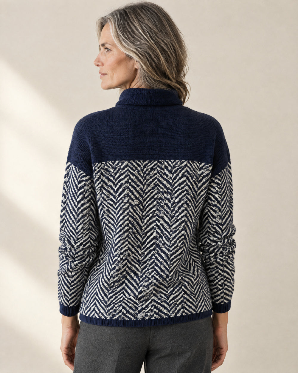Zigzag Cotton Roll Neck Jumper, back view, worn