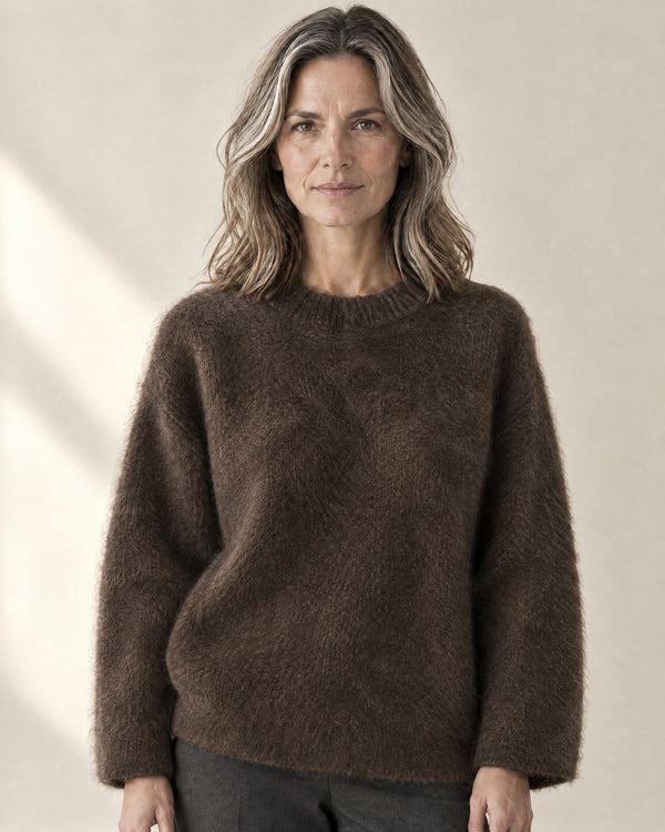 Brushed Oversized Crew Neck Jumper in Coffee Color